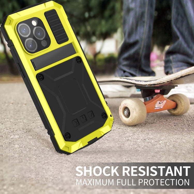 For iPhone 15 Pro R-JUST Shockproof Life Water-resistant Dust-proof Metal + Silicone Phone Case with Holder(Yellow)
