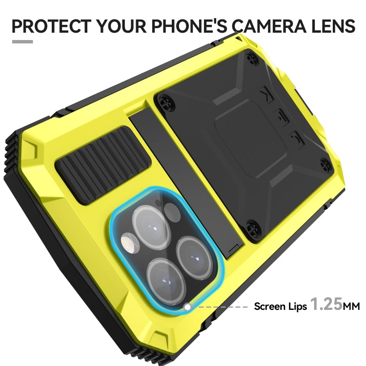 For iPhone 15 Pro R-JUST Shockproof Life Water-resistant Dust-proof Metal + Silicone Phone Case with Holder(Yellow)