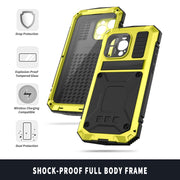 For iPhone 15 Pro R-JUST Shockproof Life Water-resistant Dust-proof Metal + Silicone Phone Case with Holder(Yellow)