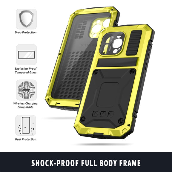 For iPhone 15 Pro R-JUST Shockproof Life Water-resistant Dust-proof Metal + Silicone Phone Case with Holder(Yellow)