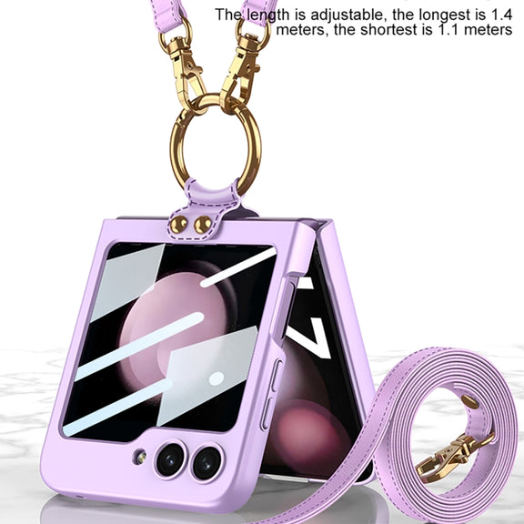 For Samsung Galaxy Z Flip5 GKK Ultra-thin PC Full Coverage Ring Holder Phone Case with Strap(Silver)