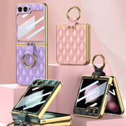 For Samsung Galaxy Z Flip5 GKK Integrated Plating Diamond Texture PU Phone Case with Ring(Green)