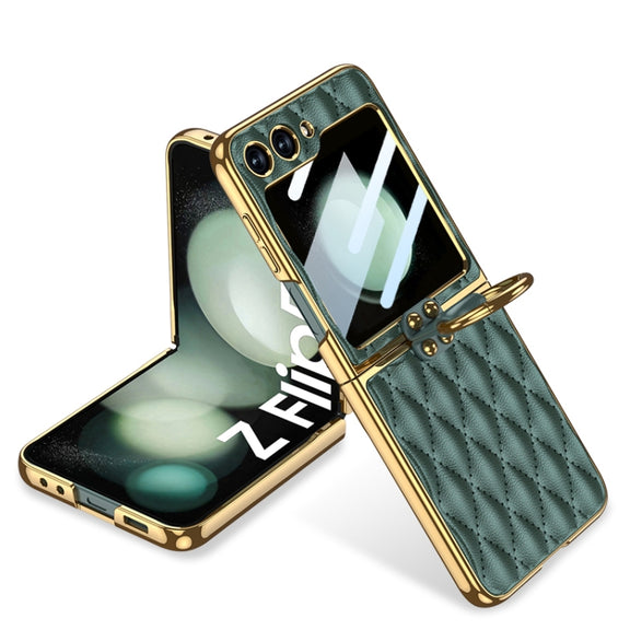 For Samsung Galaxy Z Flip5 GKK Integrated Plating Diamond Texture PU Phone Case with Ring(Green)