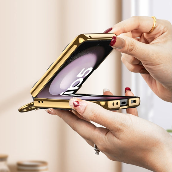 For Samsung Galaxy Z Flip5 GKK Integrated Plating Diamond Texture PU Phone Case with Ring(Green)