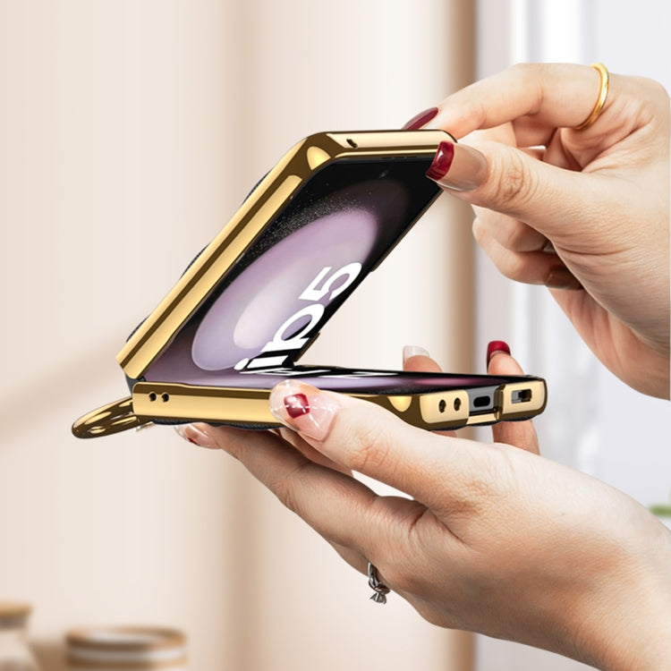 For Samsung Galaxy Z Flip5 GKK Integrated Plating Diamond Texture PU Phone Case with Ring(Green)