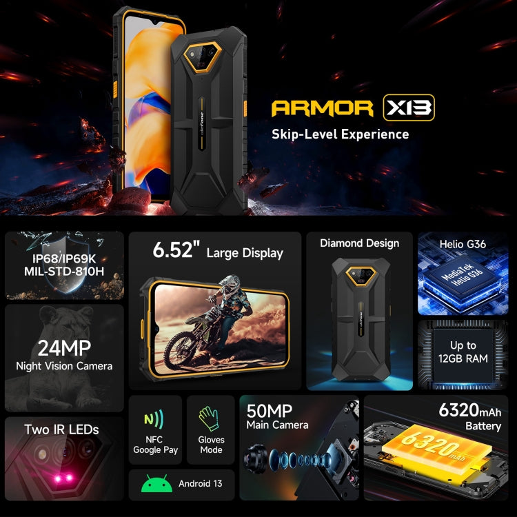 Ulefone Armor X13, 6GB+64GB, IP68/IP69K Rugged Phone, 6.52 inch Android 13 MediaTek Helio G36 Octa Core, Network: 4G, NFC, OTG(Some Orange) - free shipping - PMC Jewellery - Order now!