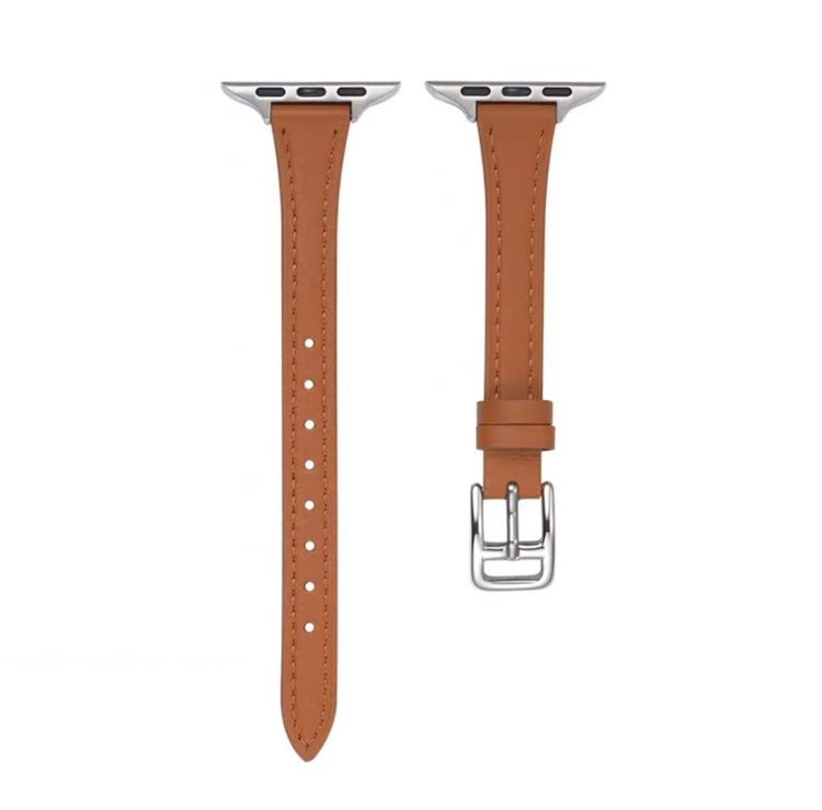 For Apple Watch SE 2023 44mm T-shaped Slim Genuine Leather Watch Band(Dark Pink) - Watch Bands by PMC TechLife | Online Shopping South Africa | PMC TechLife