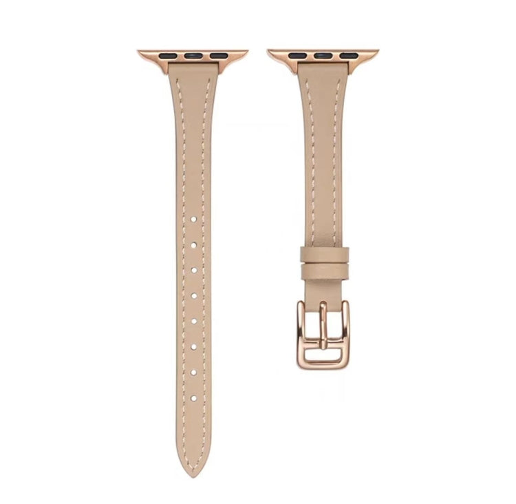 For Apple Watch SE 2023 44mm T-shaped Slim Genuine Leather Watch Band(Apricot) - Watch Bands by PMC TechLife | Online Shopping South Africa | PMC TechLife