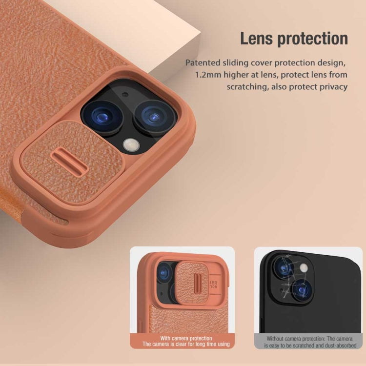 For iPhone 15 NILLKIN QIN Series Pro Sliding Camera Cover Design Leather Phone Case(Brown) - free shipping - PMC TechLife - Order now!