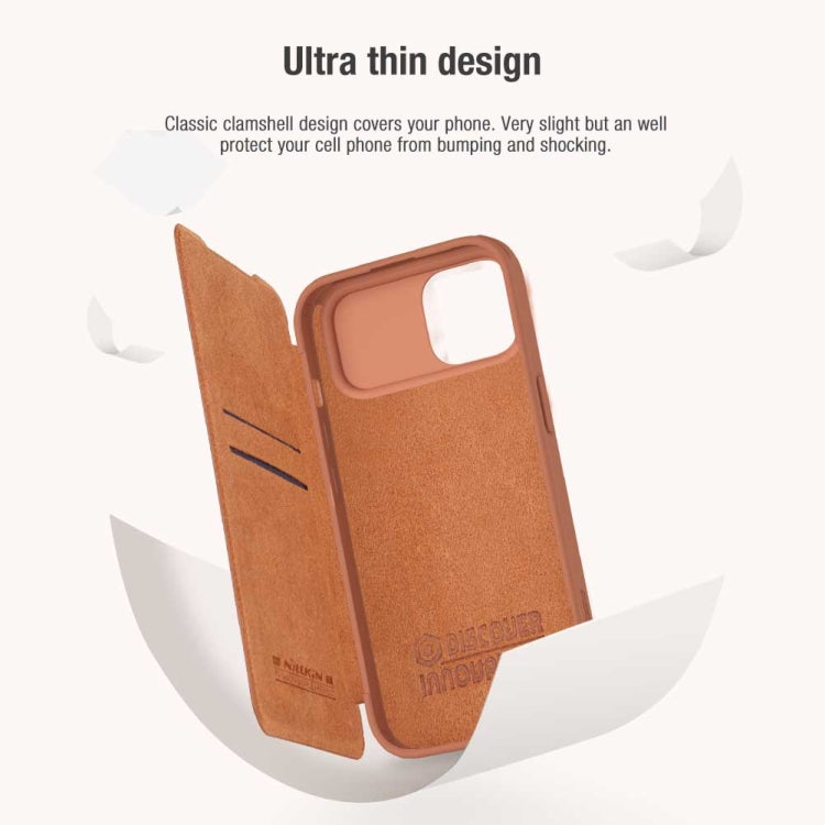 For iPhone 15 NILLKIN QIN Series Pro Sliding Camera Cover Design Leather Phone Case(Brown) - free shipping - PMC TechLife - Order now!