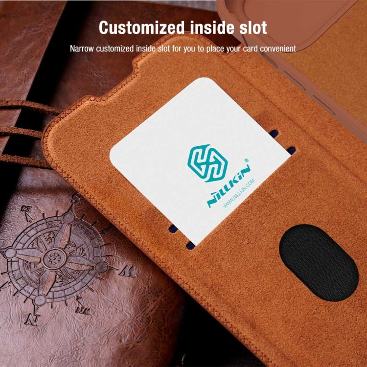 For iPhone 15 NILLKIN QIN Series Pro Sliding Camera Cover Design Leather Phone Case(Brown) - free shipping - PMC Jewellery - Order now!