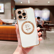 For iPhone 15 Pro Electroplate Side Roses Flower MagSafe Phone Case(White)