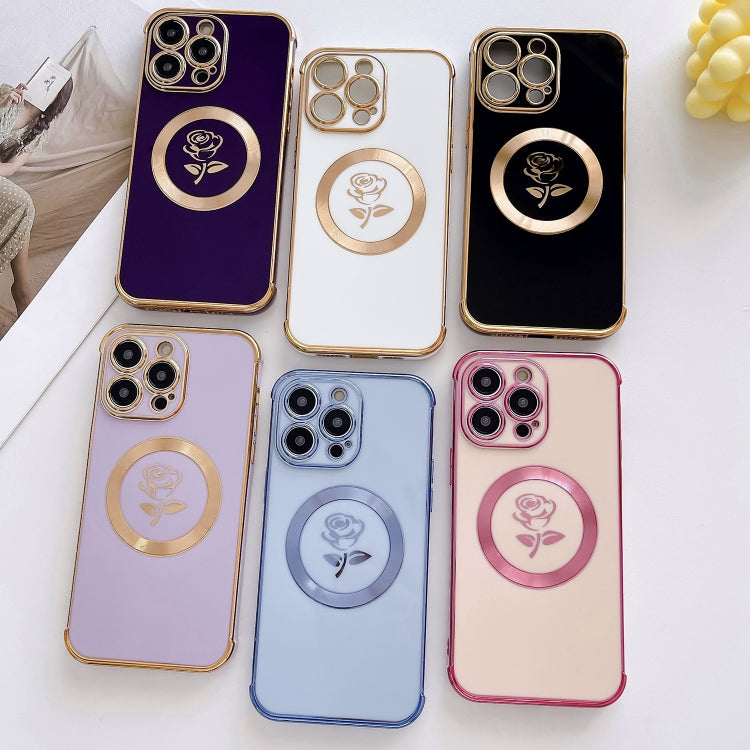 For iPhone 15 Pro Electroplate Side Roses Flower MagSafe Phone Case(White)