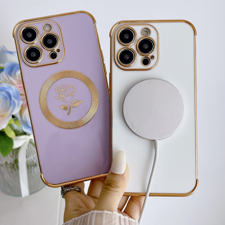 For iPhone 15 Pro Electroplate Side Roses Flower MagSafe Phone Case(White)