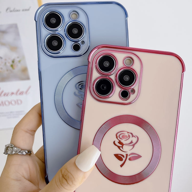 For iPhone 15 Pro Electroplate Side Roses Flower MagSafe Phone Case(White)