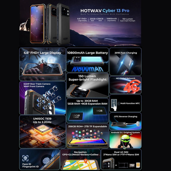 HOTWAV CYBER 13 Pro, 12GB+256GB, IP68/IP69K Rugged Phone, 10800mAh, 6.6 inch Android 13 UNISOC T619 Octa Core, Network: 4G, NFC, OTG(All Black)