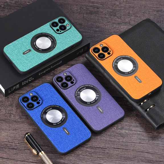 For iPhone 15 Plus Cloth Texture MagSafe Magnetic PU Phone Case(Grey)