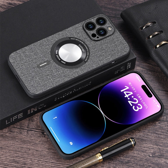 For iPhone 15 Plus Cloth Texture MagSafe Magnetic PU Phone Case(Grey)