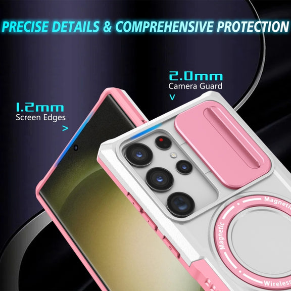 For Samsung Galaxy S23 Ultra 5G Sliding Camshield Magsafe Holder TPU Hybrid PC Phone Case(Pink White)