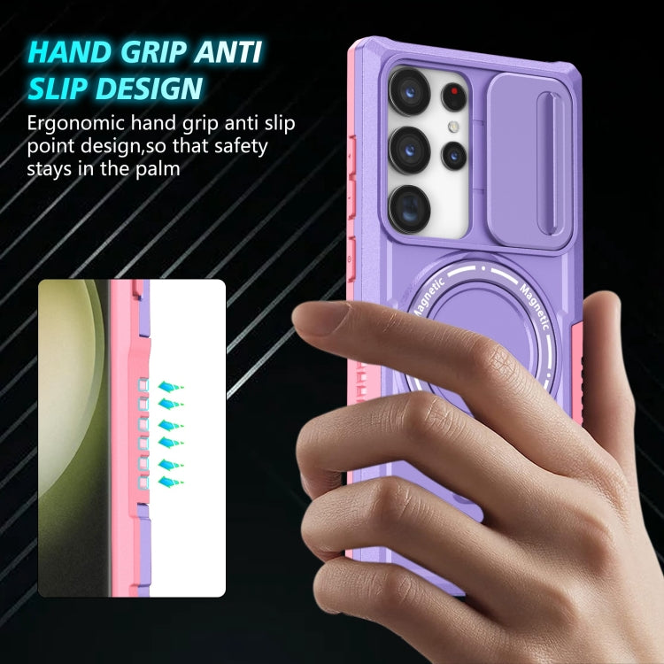 For Samsung Galaxy S23 Ultra 5G Sliding Camshield Magsafe Holder TPU Hybrid PC Phone Case(Pink Purple)