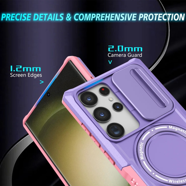 For Samsung Galaxy S23 Ultra 5G Sliding Camshield Magsafe Holder TPU Hybrid PC Phone Case(Pink Purple)