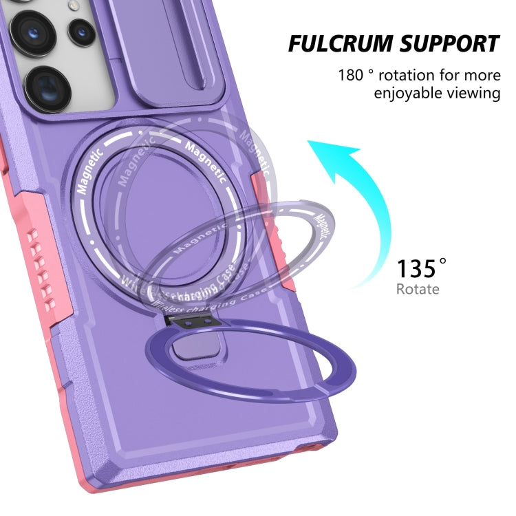 For Samsung Galaxy S23 Ultra 5G Sliding Camshield Magsafe Holder TPU Hybrid PC Phone Case(Pink Purple)