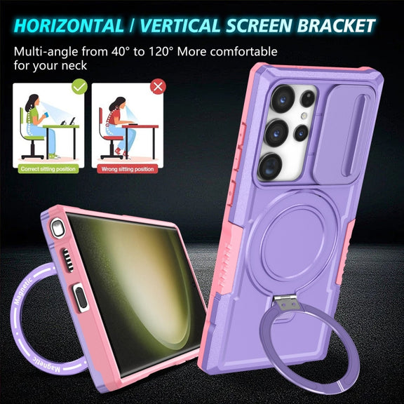 For Samsung Galaxy S23 Ultra 5G Sliding Camshield Magsafe Holder TPU Hybrid PC Phone Case(Pink Purple)