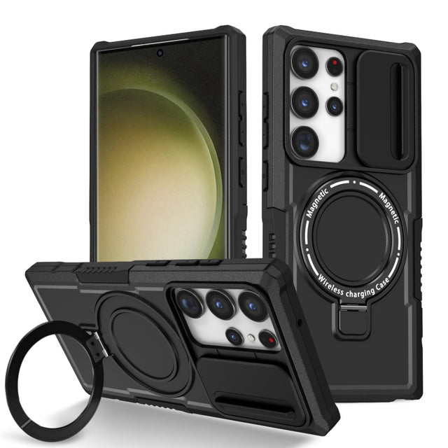 For Samsung Galaxy S23 Ultra 5G Sliding Camshield Magsafe Holder TPU Hybrid PC Phone Case(Black)