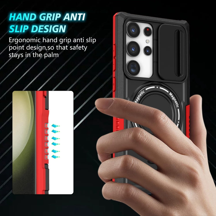 For Samsung Galaxy S23 Ultra 5G Sliding Camshield Magsafe Holder TPU Hybrid PC Phone Case(Black Red)
