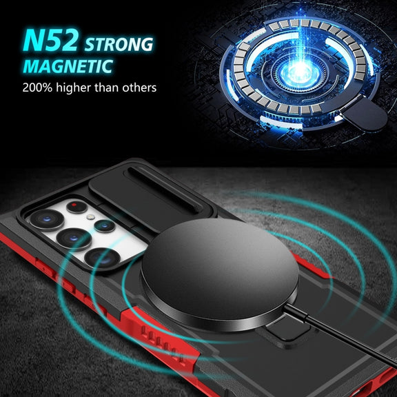 For Samsung Galaxy S23 Ultra 5G Sliding Camshield Magsafe Holder TPU Hybrid PC Phone Case(Black Red)