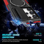 For Samsung Galaxy S23 Ultra 5G Sliding Camshield Magsafe Holder TPU Hybrid PC Phone Case(Black Red)
