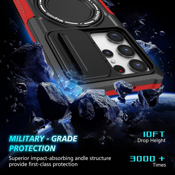 For Samsung Galaxy S23 Ultra 5G Sliding Camshield Magsafe Holder TPU Hybrid PC Phone Case(Black Red)