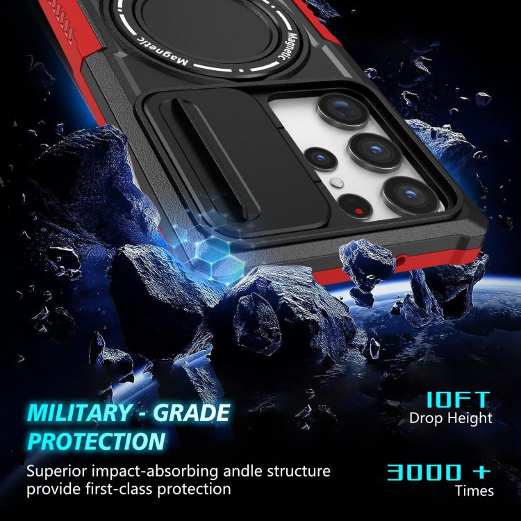For Samsung Galaxy S23 Ultra 5G Sliding Camshield Magsafe Holder TPU Hybrid PC Phone Case(Black Red)