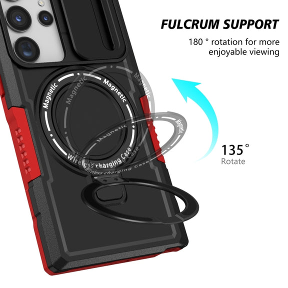 For Samsung Galaxy S23 Ultra 5G Sliding Camshield Magsafe Holder TPU Hybrid PC Phone Case(Black Red)