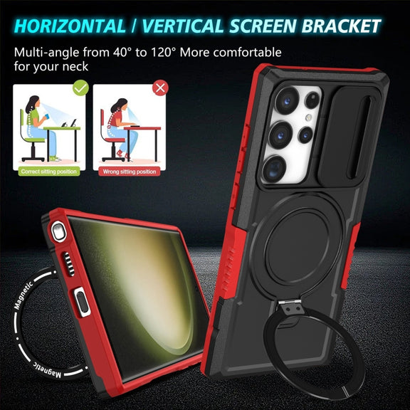 For Samsung Galaxy S23 Ultra 5G Sliding Camshield Magsafe Holder TPU Hybrid PC Phone Case(Black Red)