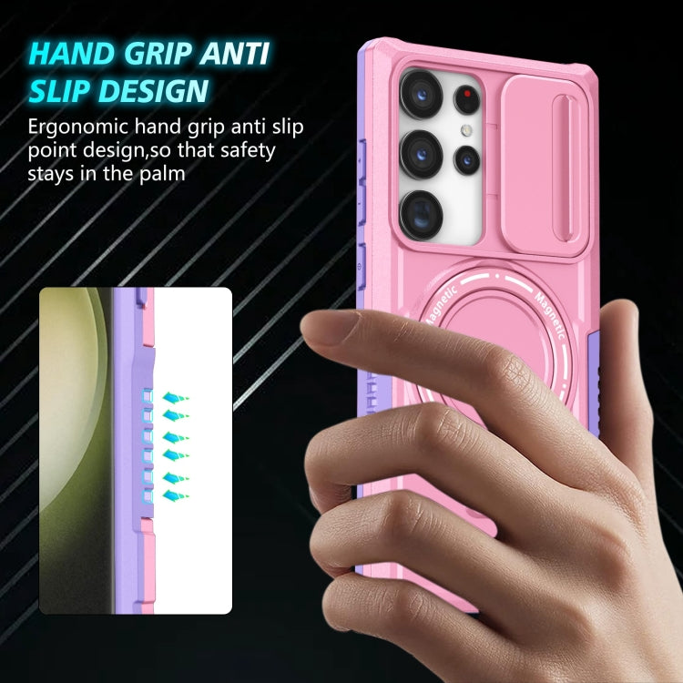 For Samsung Galaxy S23 Ultra 5G Sliding Camshield Magsafe Holder TPU Hybrid PC Phone Case(Purple Pink)