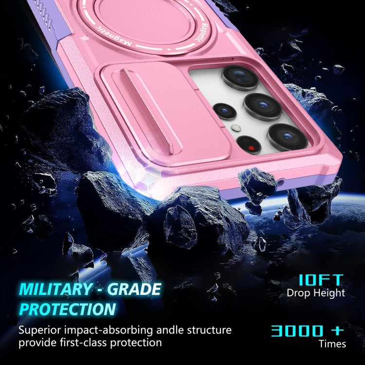 For Samsung Galaxy S23 Ultra 5G Sliding Camshield Magsafe Holder TPU Hybrid PC Phone Case(Purple Pink)