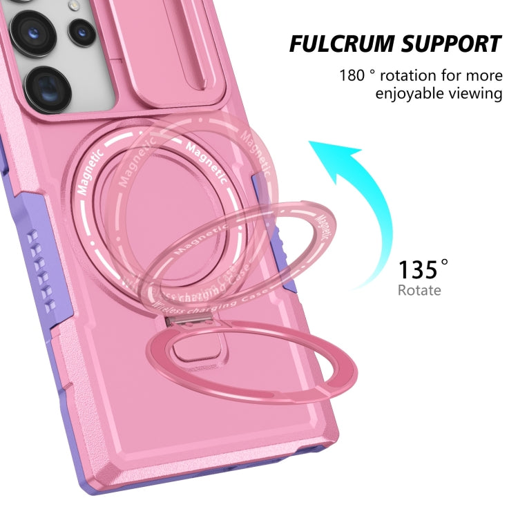 For Samsung Galaxy S23 Ultra 5G Sliding Camshield Magsafe Holder TPU Hybrid PC Phone Case(Purple Pink)