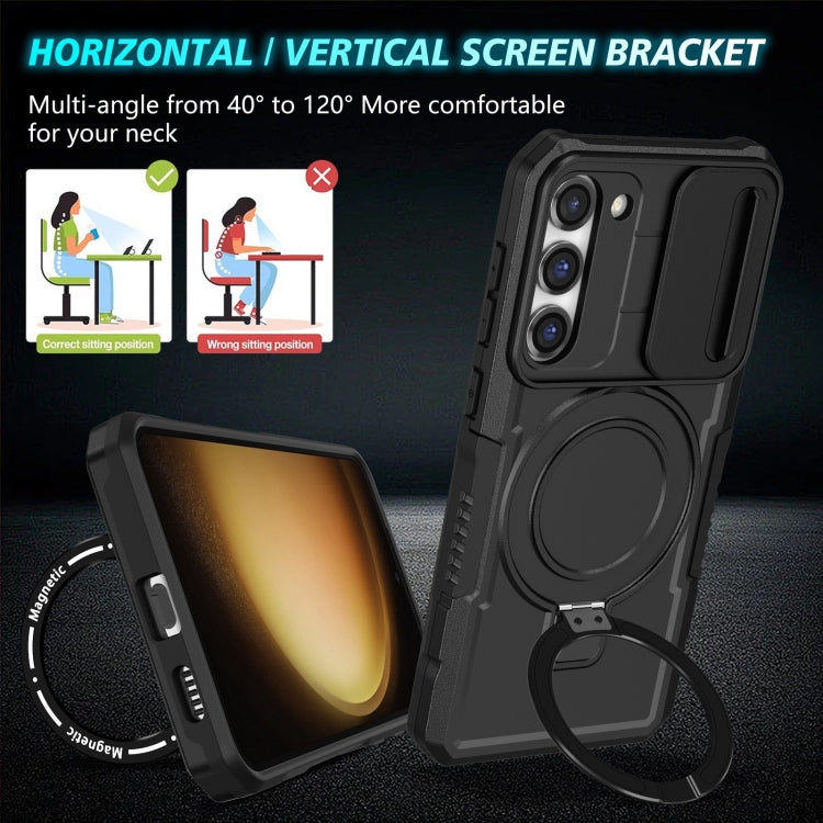 For Samsung Galaxy S23+ 5G Sliding Camshield Magsafe Holder TPU Hybrid PC Phone Case(Black)