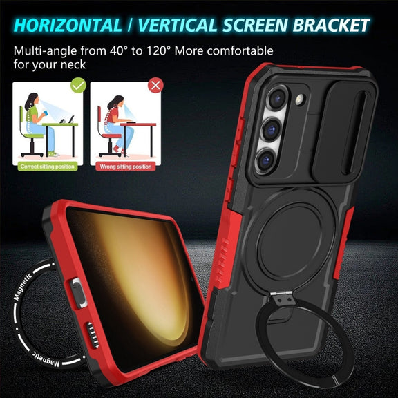 For Samsung Galaxy S23+ 5G Sliding Camshield Magsafe Holder TPU Hybrid PC Phone Case(Black Red)
