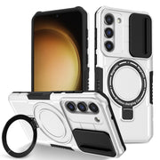 For Samsung Galaxy S23 5G Sliding Camshield Magsafe Holder TPU Hybrid PC Phone Case(Black White)
