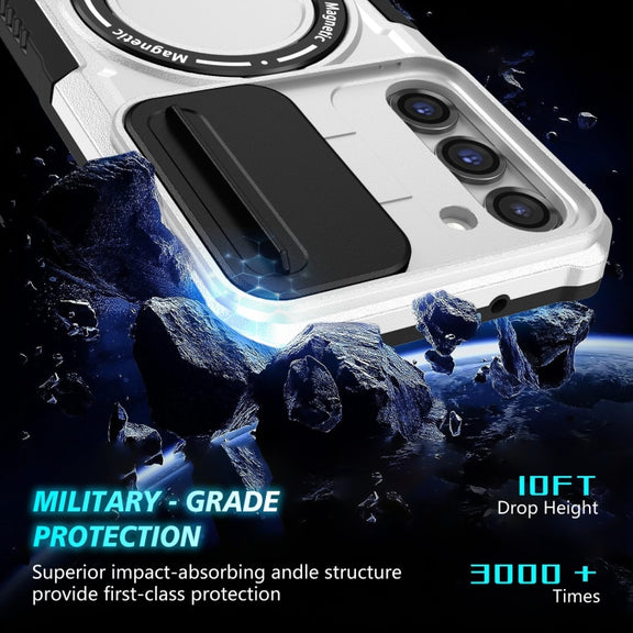 For Samsung Galaxy S23 5G Sliding Camshield Magsafe Holder TPU Hybrid PC Phone Case(Black White)