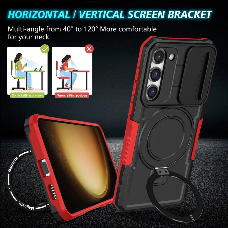 For Samsung Galaxy S23 5G Sliding Camshield Magsafe Holder TPU Hybrid PC Phone Case(Black Red)
