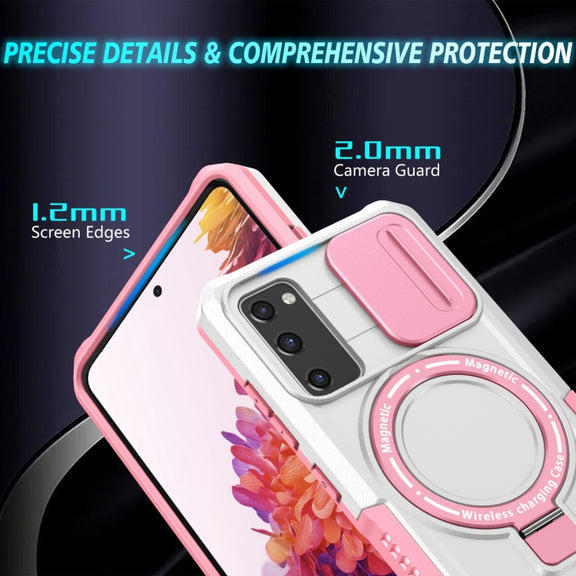 For Samsung Galaxy S20 FE Sliding Camshield Magsafe Holder TPU Hybrid PC Phone Case(Pink White)