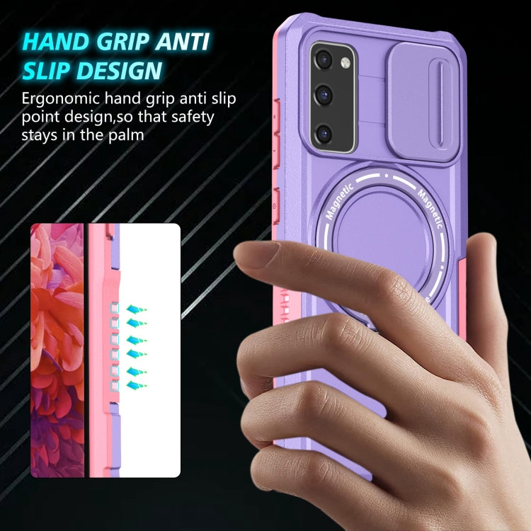 For Samsung Galaxy S20 FE Sliding Camshield Magsafe Holder TPU Hybrid PC Phone Case(Pink Purple)