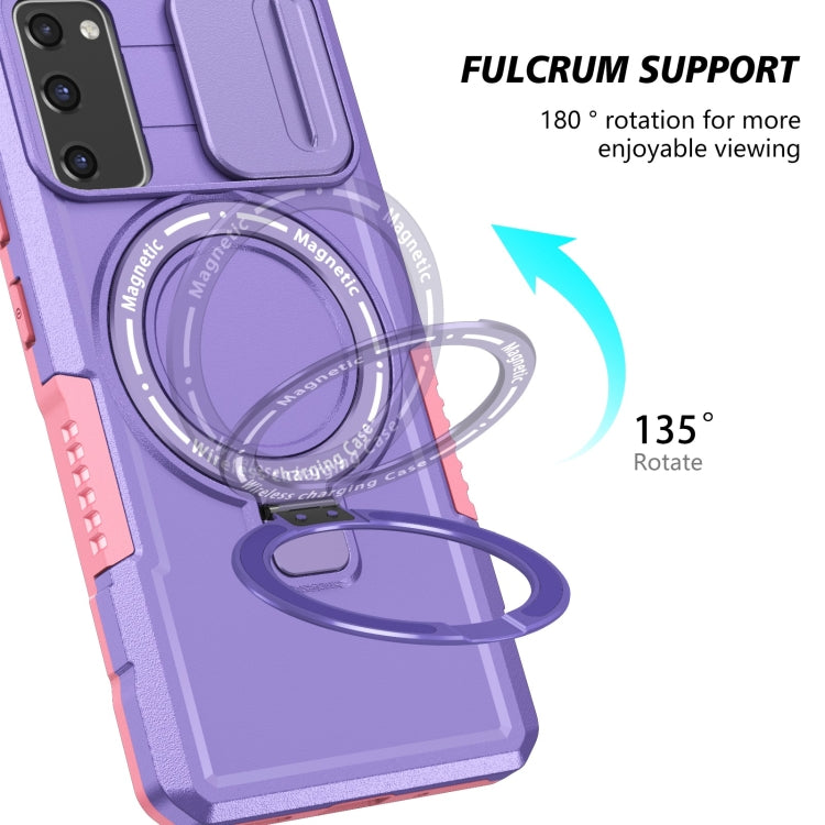 For Samsung Galaxy S20 FE Sliding Camshield Magsafe Holder TPU Hybrid PC Phone Case(Pink Purple)