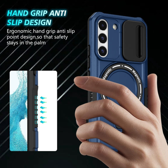 For Samsung Galaxy S22 5G Sliding Camshield Magsafe Holder TPU Hybrid PC Phone Case(Royal Blue)