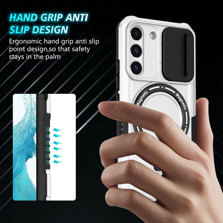 For Samsung Galaxy S22 5G Sliding Camshield Magsafe Holder TPU Hybrid PC Phone Case(Black White)