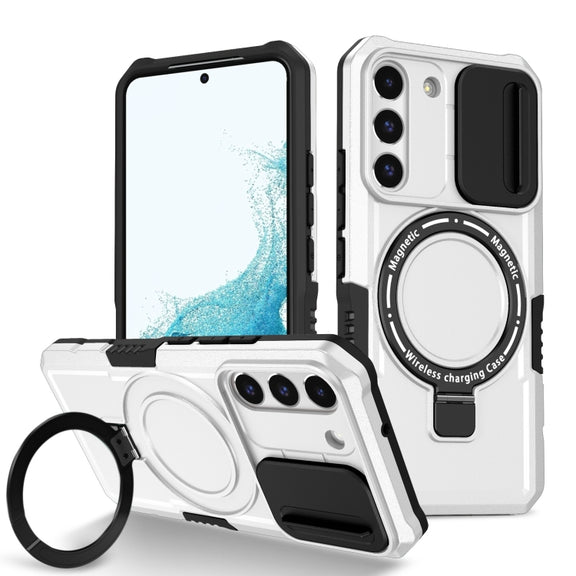 For Samsung Galaxy S22 5G Sliding Camshield Magsafe Holder TPU Hybrid PC Phone Case(Black White)