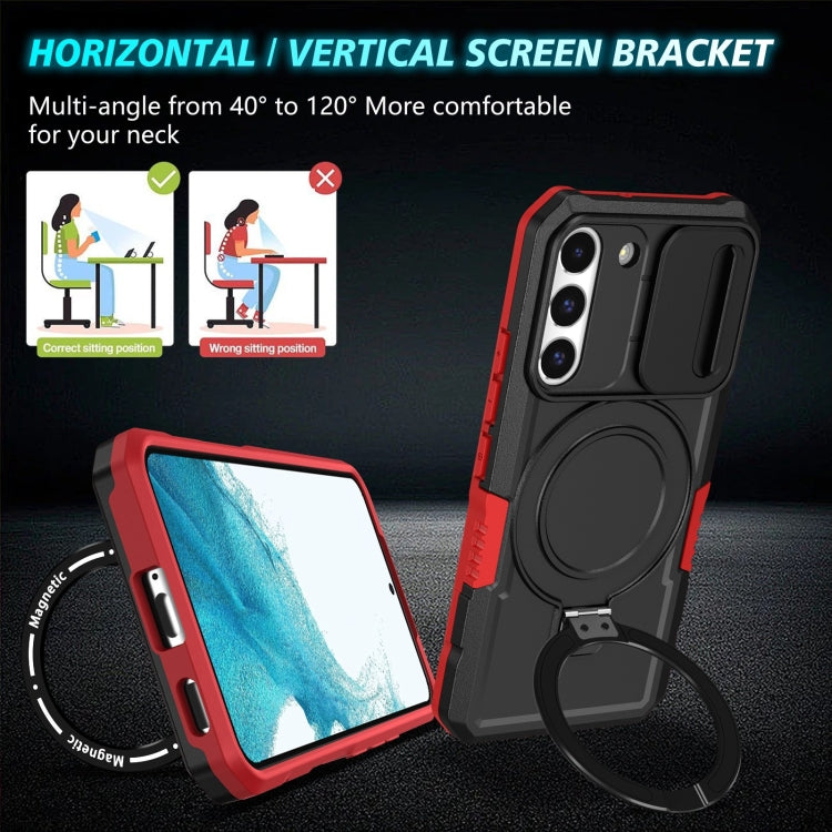 For Samsung Galaxy S22 5G Sliding Camshield Magsafe Holder TPU Hybrid PC Phone Case(Black Red)